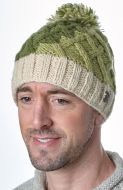 Pure Wool Hand knit - lattice step bobble hat - Greens/cream