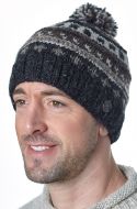 Pattern ridge bobble hat - pure wool - fleece lining - greys / natural