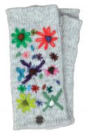 Hand embroidered flower - fleece lined - wristwarmer - pale grey
