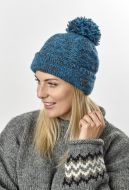 Two tone turn up - bobble hat - pure wool - ocean / grey