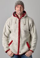 Pure wool - detachable hood - contrast trim - pale grey/red