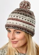 Pattern bobble turn up - hand knitted - pure wool - natural brown / blush