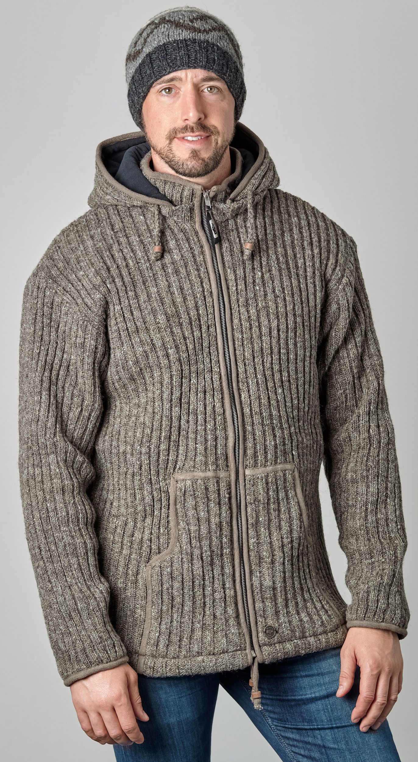 Fleece lined - detachable hood - jacket - rib - Marl Brown | Black Yak