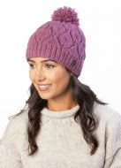 Leaf bobble hat - hand knitted - pure wool - fleece lining - mulberry