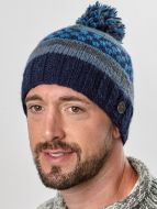 Pattern bobble hat - hand knitted - blues