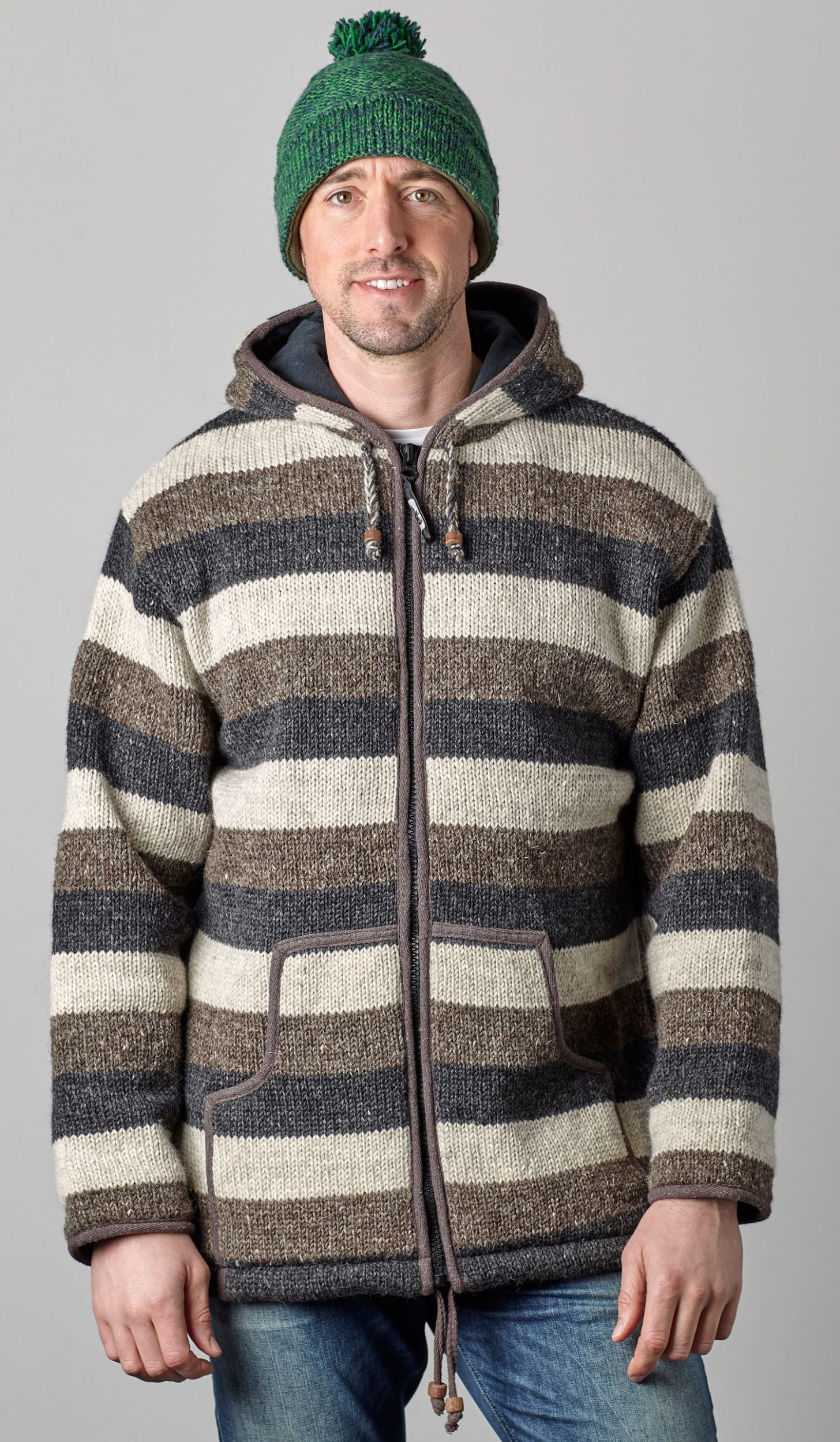 Fleece lined - hooded jacket - striped - Grey/Brown/Charcoal | Black Yak