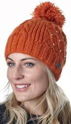 Pure Wool Trellis sparkle bobble hat - hand knitted - fleece lining - amber