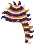 Dino hat - pure wool - hand knitted - fleece lining - berry stripes