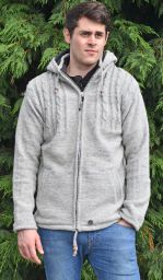 Lighter weight - detachable hood - half cabled jacket - Pale Grey