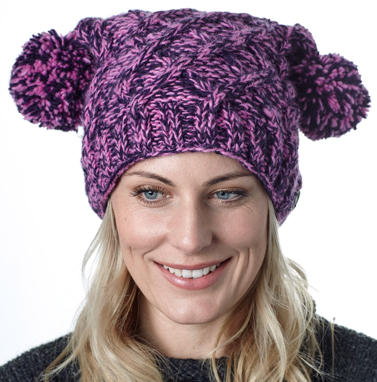 Pure wool square cable - pom pom hat - Pink/Purple | Black Yak