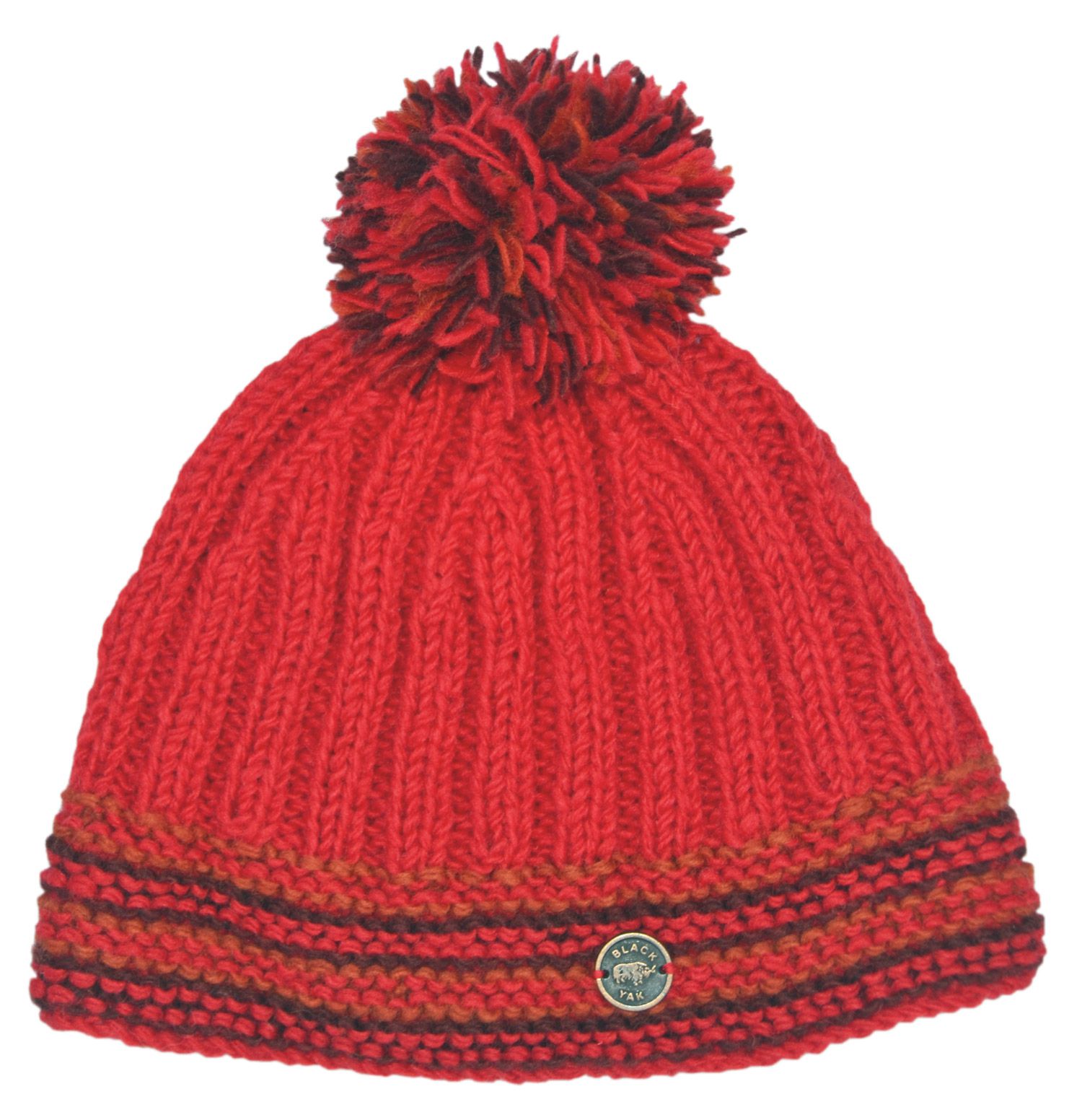 Pure wool - half fleece lined - ribbed - bobble hat - red | Black Yak