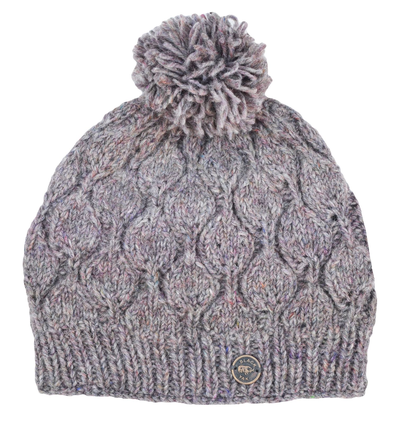 Hand Knit Heather Leaf Bobble Hat Pale Heather Black Yak