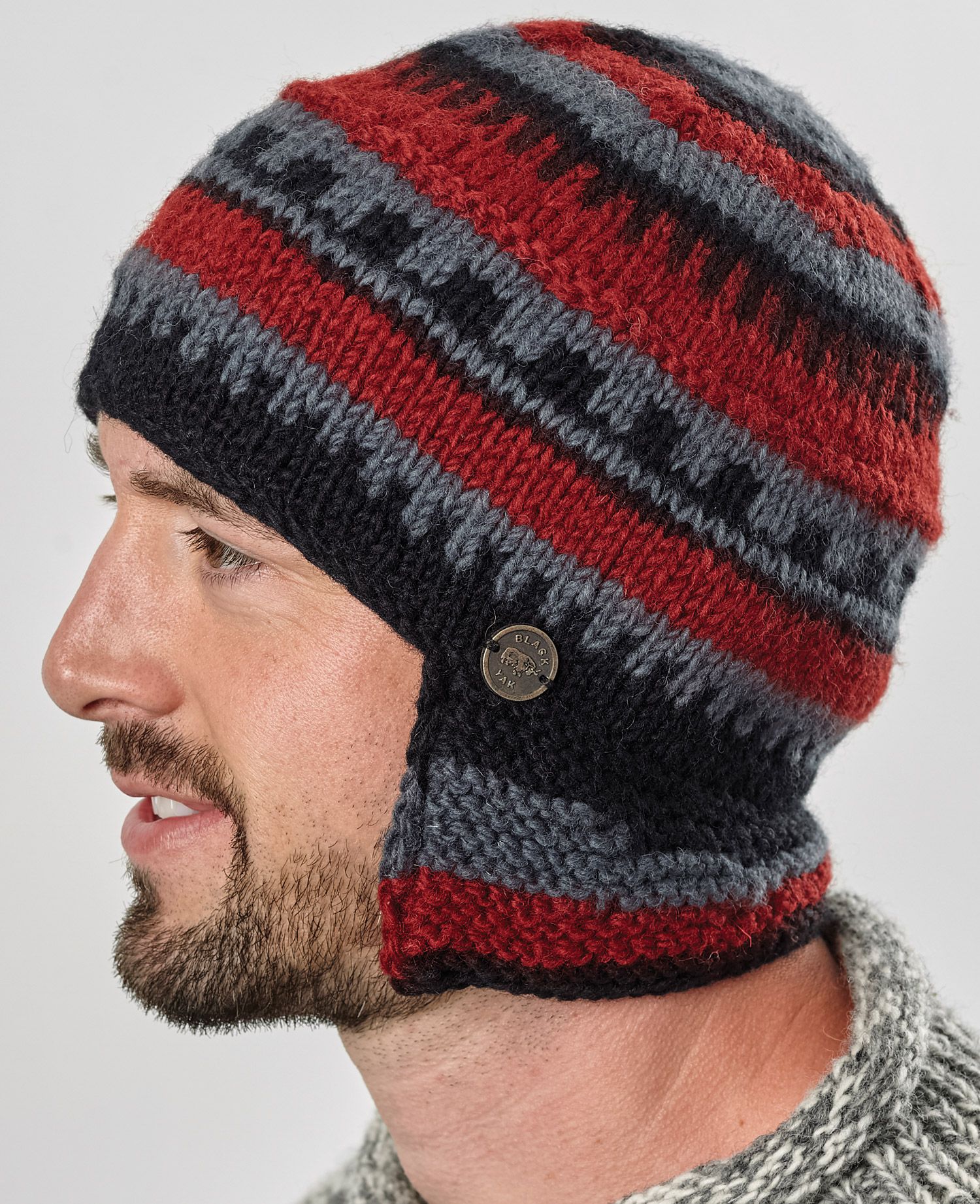 Half fleece lined hand knit helmet hat Black/Grey/Rust Black Yak