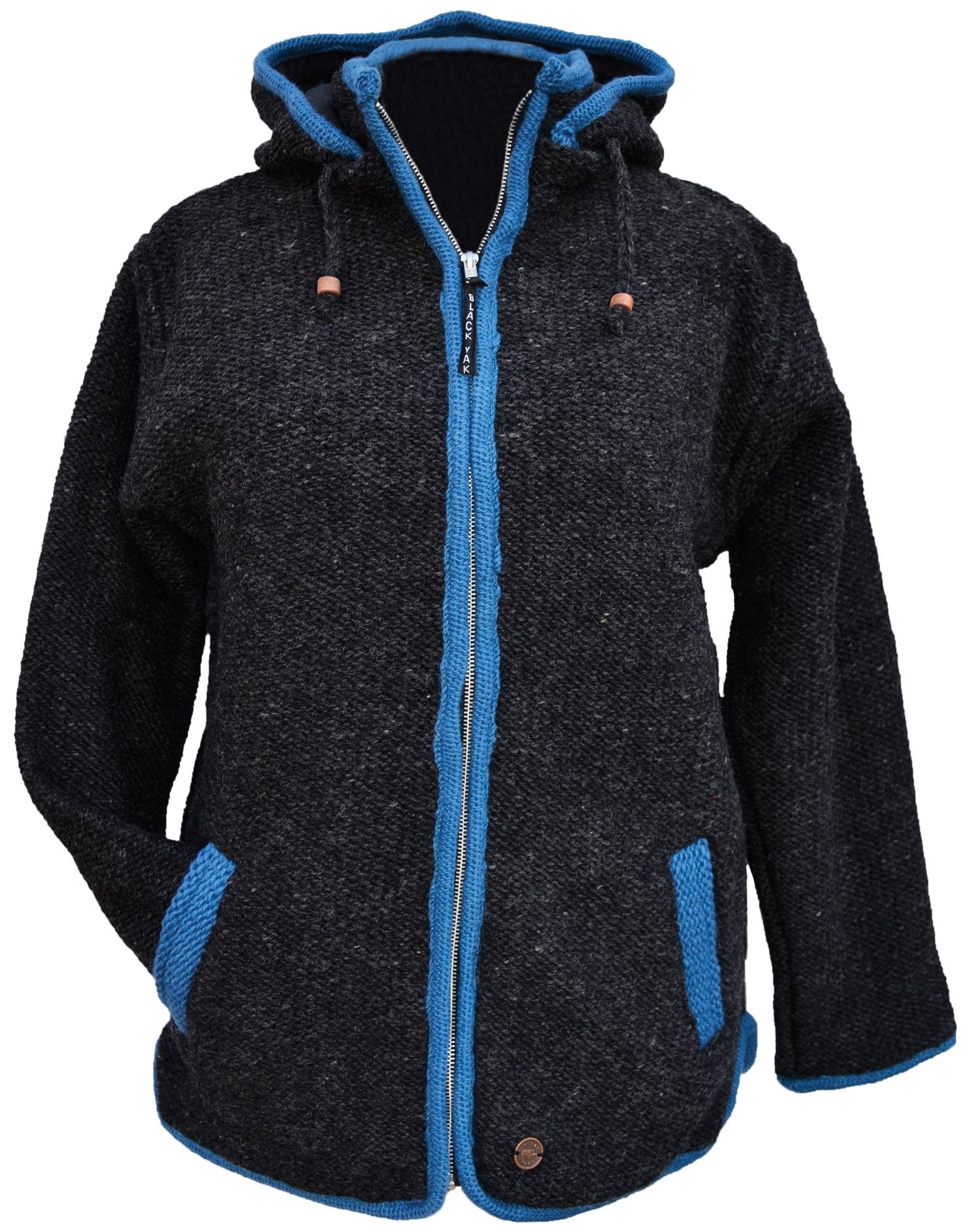 Pure wool - detachable hood - contrast trim - charcoal/blue | Black Yak