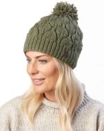 Leaf bobble hat - hand knitted - pure wool - fleece lining - sage green