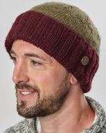 Pure Wool Hand knit - watchman's beanie - Khaki/maroon