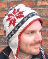 Snowflake ear flap hat - pure wool - hand knitted - fleece lining - red / white / grey