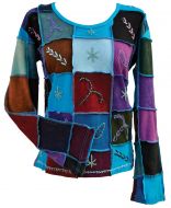 Hand embroidered - patchwork top - blues