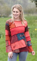 Slanted patchwork - embroidered - button top - soft reds