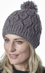 Leaf bobble hat - hand knitted - pure wool - fleece lining - pale heather