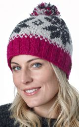 Snowflake bobble hat - pure wool - fleece lining - pink / natural