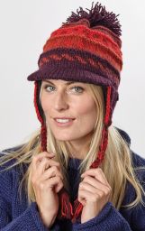 Hand knit - half fleece lined - large bobble - peak ear flap - Red/Aubergine