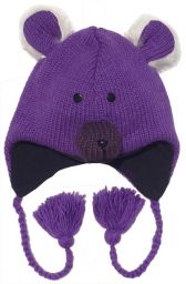 hand knit ear flap hat - bear - purple