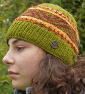 Pure Wool NAYA  Hand knit - pattern band beanie - green