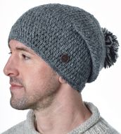 Pure Wool Hand crochet - bobble slouch hat - mid grey