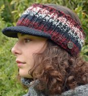Peaked headband - pure wool - hand knitted - fleece lining - brick