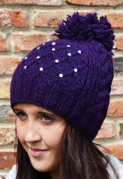Hand knit - trellis sparkle bobble hat - Purple