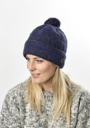 Two tone turn up - bobble hat - pure wool - dark blue/smoke