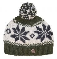 Snowflake bobble hat - pure wool - fleece lining - green / natural