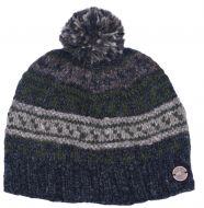 Pattern ridge bobble hat - pure wool - fleece lining - greys / green
