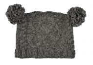 Square cable pom pom hat - hand knitted - pure wool - fleece lining - mid grey