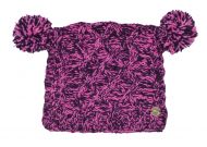 Square cable pom pom hat - hand knitted - pure wool - fleece lining - pink / purple