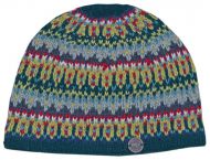 Pure Wool hand knit - multi-patterned beanie - teal/grey
