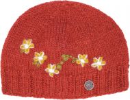 Pure Wool Hand embroidered - petite flower beanie - dark spice