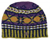 Pure wool hand knit - cosmos beanie - purple/mustard