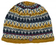 Pure Wool hand knit - multi-patterned beanie - mustard