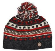 Pattern ridge bobble hat - pure wool - fleece lining - greys / red