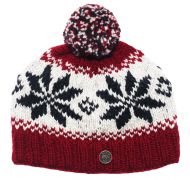 Snowflake bobble hat - pure wool - fleece lining - deep red / natural