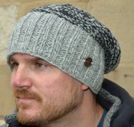Hand knit - two tone moss - baggy beanie - Pale grey