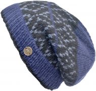 Pure Wool Hand knit - diamond bands - baggy beanie - blue