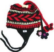 Pure Wool half fleece lined - fancy ear flap hat - Black/White/Red