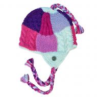 Patchwork ear flap hat - pure wool - hand knitted - fleece lining - pinks