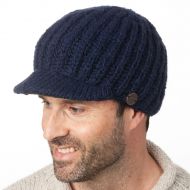Ribbed peak hat - pure wool - hand knitted - fleece lining - dark blue