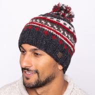 Pattern ridge bobble hat - pure wool - fleece lining - greys / red