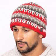 Pure Wool hand knit - multi-patterned beanie - red