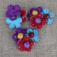 Three flower brooch - hand made felt - bright red, turquoise and purple